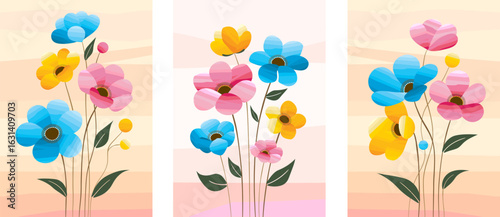 Colorful bouquet set with floral design on sweet background
