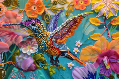 Intricate beaded hummingbird art vibrant floral background stunning detail bird illustration handcrafted design colorful