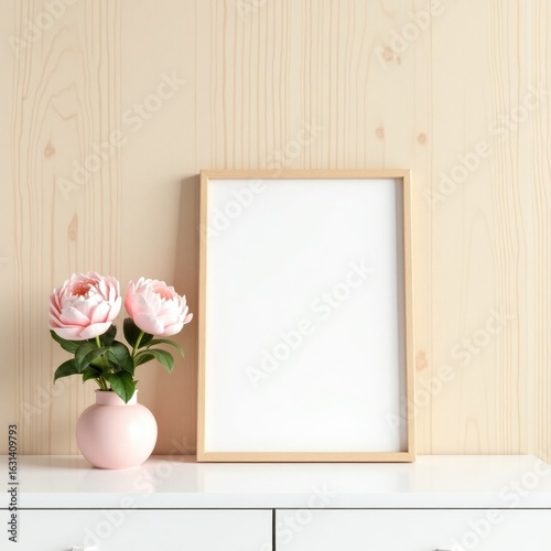Frame mockup  blank frame with pink flowers in vase on white cabinet against light wooden wall in interior setting