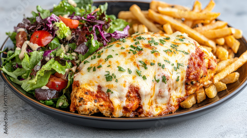 Delicious chicken parmigiana served with crispy fries and fresh garden salad, perfect for meal