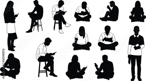 Silhouettes of people reading, using smartphones, sitting, standing, crouching, everyday posture, mobile activity, book lovers, digital lifestyle, black outline