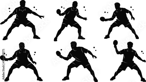 Table tennis player silhouettes, various poses with paddle, sport action stances, ping pong movement artwork, black minimal game illustration set