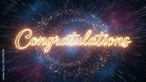 Animated congratulations text effect with sparkling stars in a cosmic background