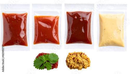 Four sauce packets and small bowls of condiments