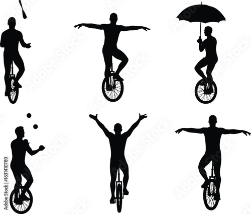 Unicycle silhouette poses, juggling club, umbrella trick, arms extended, balance gesture, circus skill, black outline, motion study, rider activity, white background
