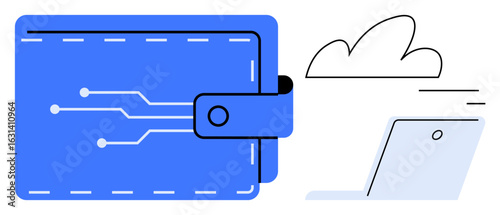Blue digital wallet with circuitry pattern beside cloud and laptop icon, suggesting online payment, cloud storage, cryptocurrency, secure transactions, fintech, data management, simple landing page