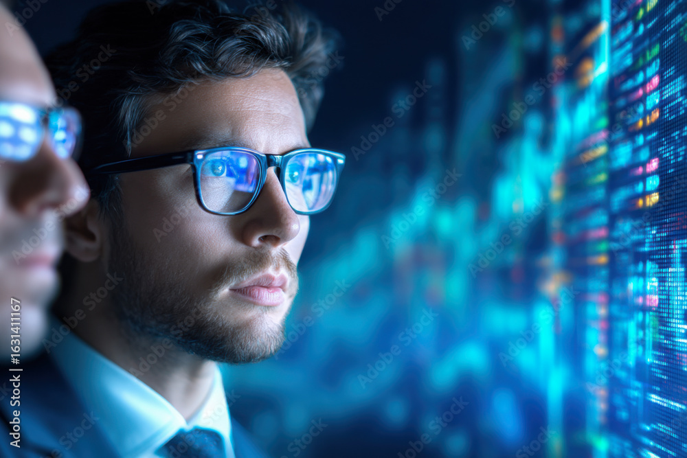 A focused individual analyzes data on a digital screen, surrounded by abstract graphs and statistics, reflecting a high-tech environment. A focused individual analyzes data on a digital screen, surrounded by abstract graphs and statistics, reflecting a high-tech environment.
