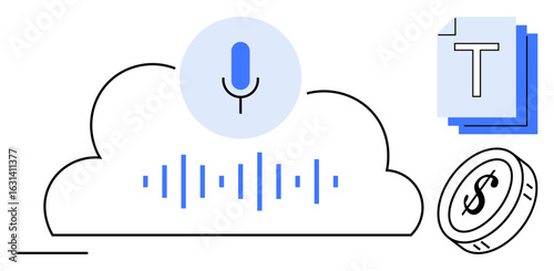 Cloud with microphone icon, sound wave pattern, text documents, and money coin. Ideal for voice-to-text, cloud services, audio processing, transcription, AI language tools simple landing page
