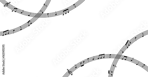 Elegant Black and White Music Background with Flowing Staff Lines and Notes
