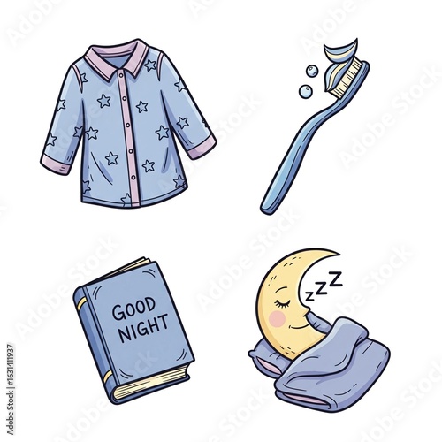 Adorable cartoon illustrations of nighttime essentials cozy pajamas, a toothbrush, a good night storybook, and a sleeping moon. Perfect for children's healthy evening routine concepts.