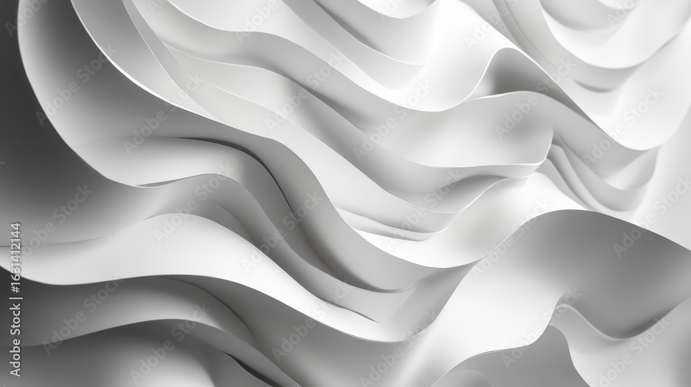 Obraz premium monochromatic paper art installation with a minimalist aesthetic, intricate sculpted layers forming continuous, undulating patterns, soft yet defined shadows adding a sense of depth and