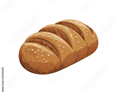 Golden brown loaf of bread with sesame seeds