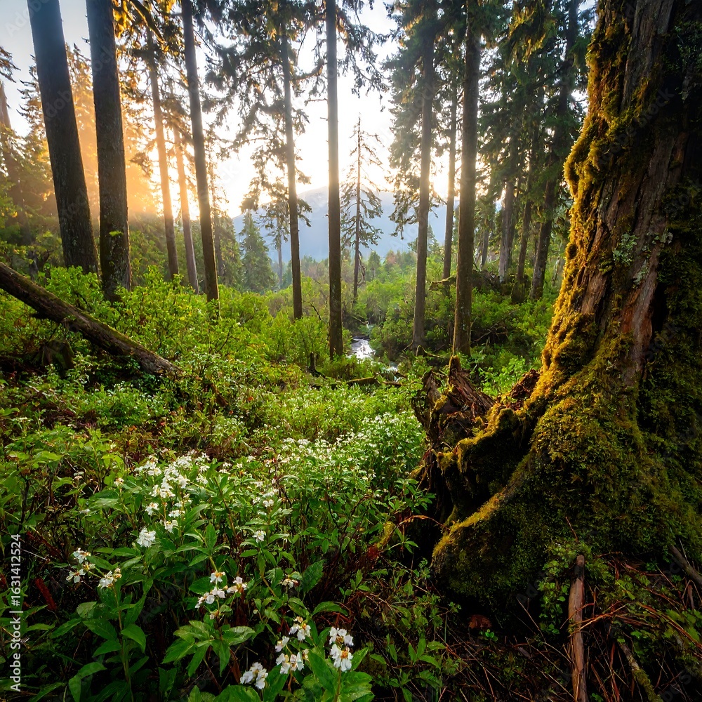 Fototapeta premium Forest floor, sunlight, wildflowers