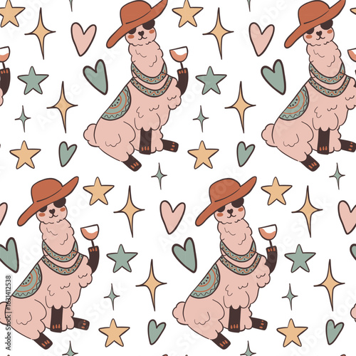 Funny llamas in hats with hearts and stars. Great for kids fabric, baby products and packaging.