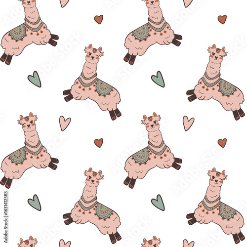Handdrawn llamas with small hearts on white background. Perfect for wrapping paper and textile.