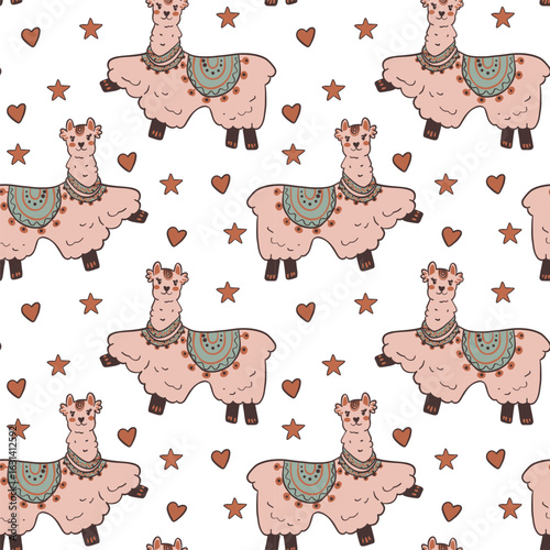 Pattern with llamas and stars in soft pastel tones. Great for nursery and kids projects.