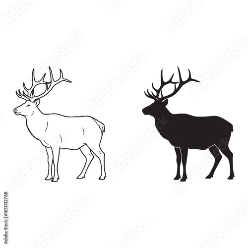 Elk Illustration Assets - Bugling Sound - Velvet Antlers - Elk silhouette - Elk lineart - Elk vector - silhouette & lineart of Elk


