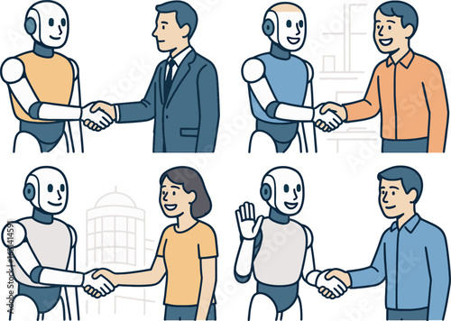 A Set of Cartoon Illustrations Depicting Humans and Robots Shaking Hands in Partnership
