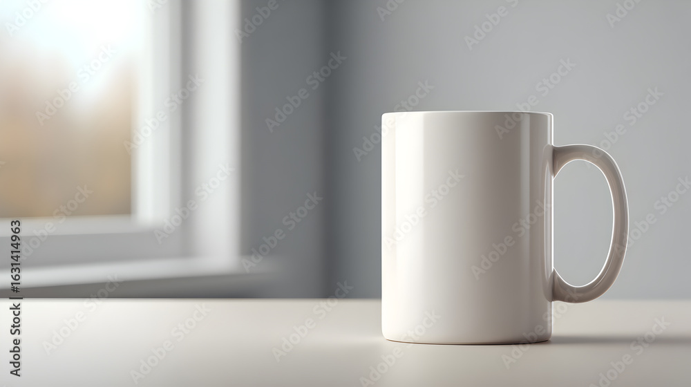 Obraz premium A minimalist image of a ceramic coffee mug on a simple table, with natural light streaming through a window in the background.