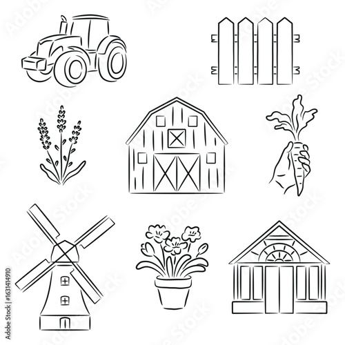 Farm and Garden Line Art Icons: Tractor, Barn, Windmill, Greenhouse, Lavender, Carrot, Fence