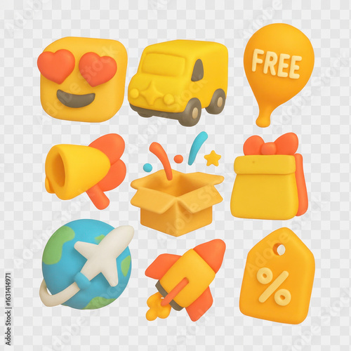 Free Shipping icons collection. E-commerce 3D Icon Set: Delivery, Promotion, and Global Reach