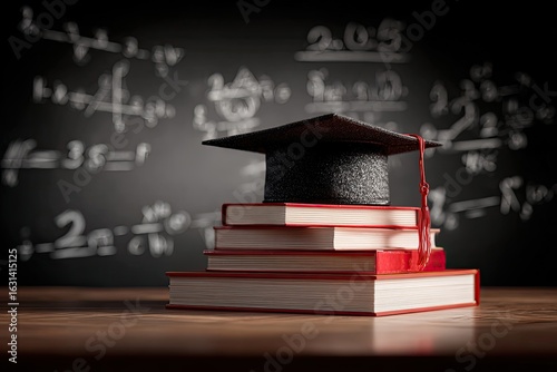 Graduation cap atop stacked books against a chalkboard background