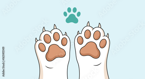 Adorable cute cat paws with small teal paw print floating above representing fun playtime and animal companionship