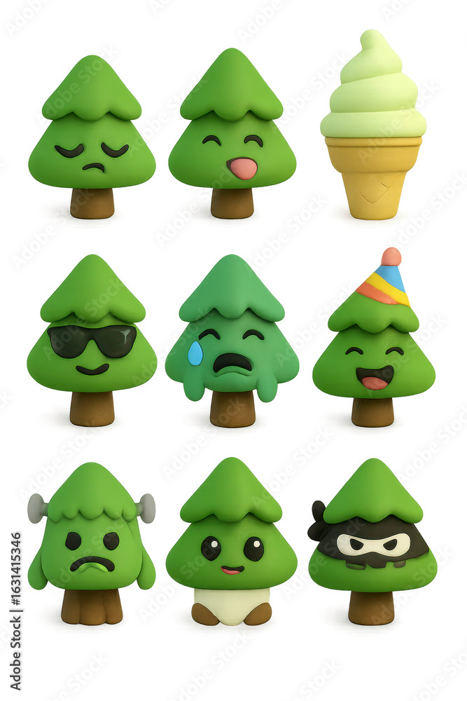 Naklejka premium Pine Tree icons collection. Playful Green Character Collection: Trees, Ice Cream, and More