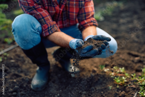 Foto Close up of agronomist inspecting soil health before planting seedlings