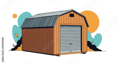 Durable wooden storage shed with roll up door for outdoor equipment and garden tools organization
