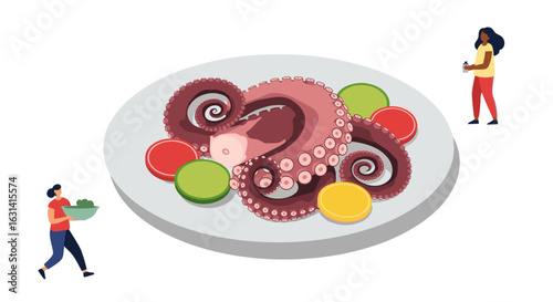 Deliciously prepared octopus dish garnished with colorful slices of vegetables and two people observing the meal