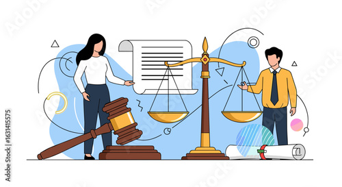 Understanding legal justice concepts and principles with scales of justice and gavel illustration