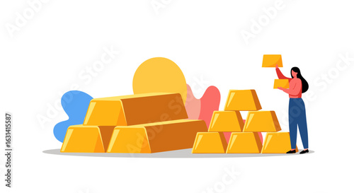 Illustration of a person stacking gold bars with abstract shapes in the background representing wealth and investment opportunities