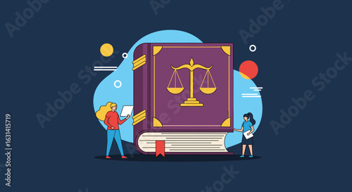 Illustrative depiction of legal studies and justice concepts with people examining ancient books and scales of justice symbolizing fairness and legal proceedings