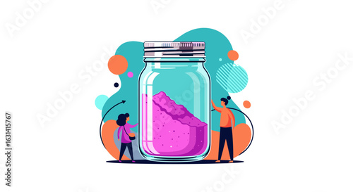 Tiny people observing a large jar filled with pink powder under a bright sunny sky