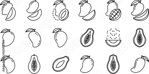 A delightful collection of handdrawn mango and papaya icons, showcasing freshness and variety of natures bounty, perfect for adding organic charm