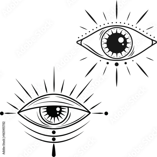 Mystical Eye Tattoo Design – Hand-Drawn Vector Symbol with Radiant Lines vector illustrations on a white background.	