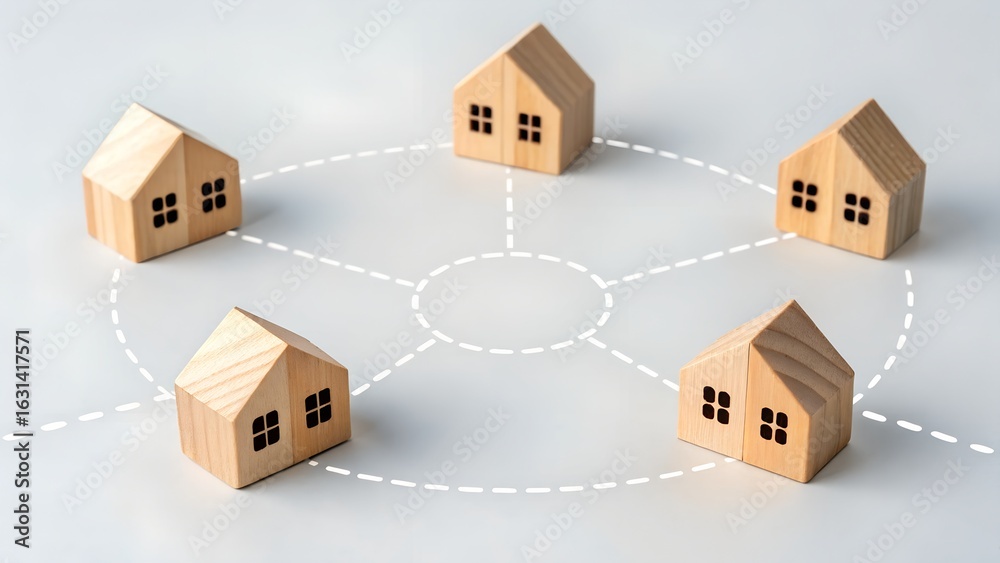 Fototapeta premium Connected Housing Network – Wooden House Models in Circular Pattern Linked by Dashed Lines, Community, Real Estate, Infrastructure Concept