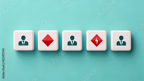 Free Download Strategic Roles – White Keyboard Keys with Business Icons and Red Diamond Symbols on Teal Background, Power, Differentiation Concept - GFXLoad