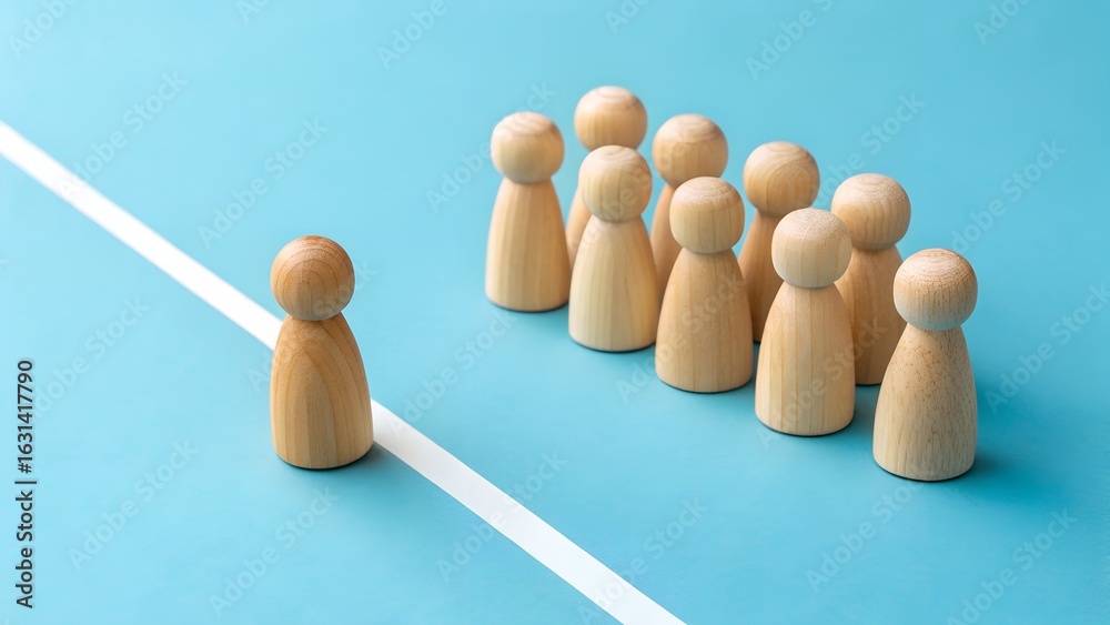 Obraz premium Individual vs Group – Lone Wooden Figure Opposite Cluster Across White Line, Leadership, Exclusion, Social Contrast Concept
