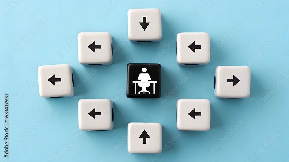 Obraz premium Central Decision Hub – Keyboard Arrow Keys Encircling Desk Icon, Direction, Focus, Choice Concept