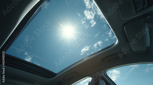 View through car sunroof to bright blue sky on a sunny relaxing day