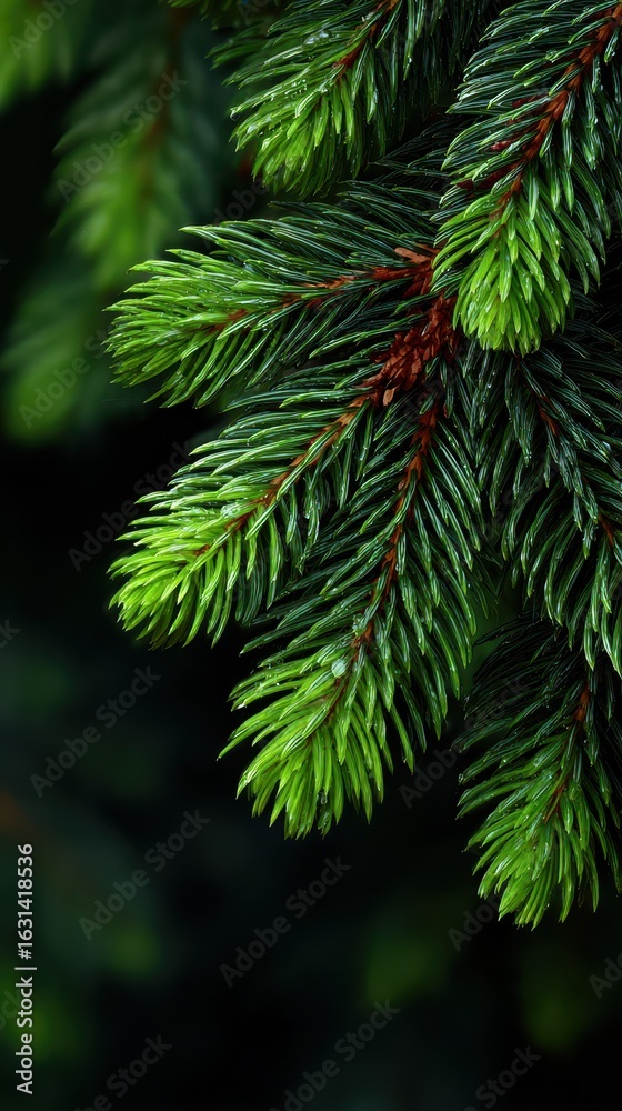Fototapeta premium Close-up view of lush green pine needles glistening with dew in a tranquil forest setting during early morning hours