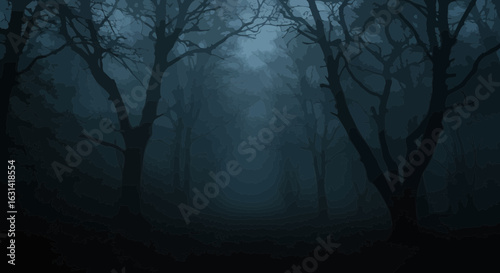 Mysterious Enchanted Forest at Dusk: A Dark and Foggy Woodland Scenery