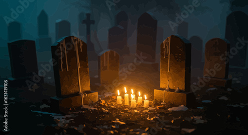 Spooky Graveyard Scene with Candlelight, a Haunting Halloween Ambience