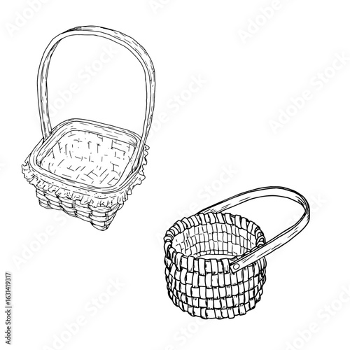 A wicker basket made of vines with a handle, a set of black and white silhouettes. Vector illustration. Sketches a basket for picking mushrooms and autumn harvest is isolated on a white background. 