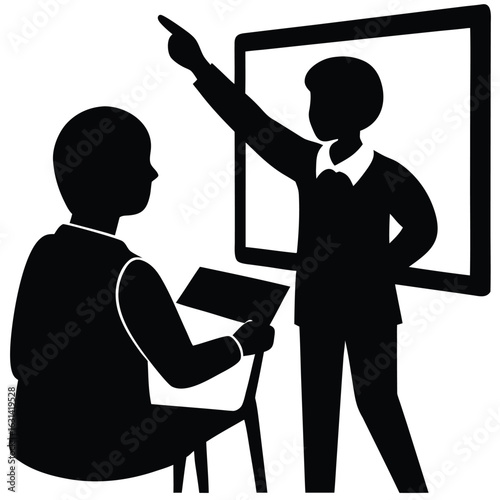 Teacher and students in classroom silhouette learning illustration, Silhouettes of teachers and students in classroom scenes, multiple education concepts with children and instructors, vector.