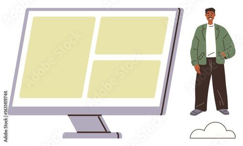 Large computer monitor displaying layout design, person smiling with casual outfit, simple cloud icon. Ideal for technology, design, online content, cloud computing, innovation, teamwork