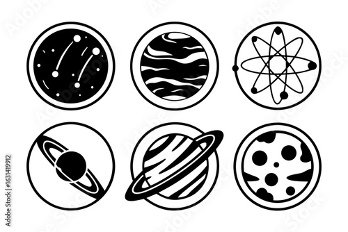 Set of six space and science icons isolated on white background