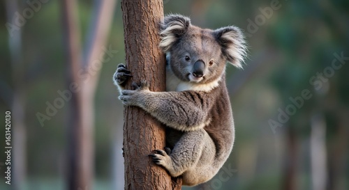 S�sser Koala klammert sich an Baumstamm warmes Licht. AI Generated